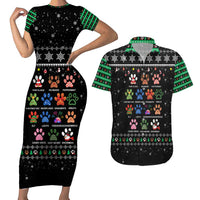 Christmas Colorful Dog Pawprint Couples Matching Short Sleeve Bodycon Dress and Hawaiian Shirt Black Snowflake Pattern Design - Wonder Print Shop