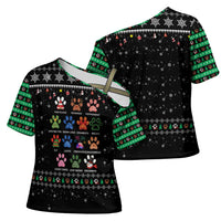 Christmas Colorful Dog Pawprint Cross Shoulder Shirt Black Snowflake Pattern Design - Wonder Print Shop