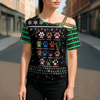 Christmas Colorful Dog Pawprint Cross Shoulder Shirt Black Snowflake Pattern Design - Wonder Print Shop