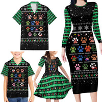 Christmas Colorful Dog Pawprint Family Matching Long Sleeve Bodycon Dress and Hawaiian Shirt Black Snowflake Pattern Design - Wonder Print Shop