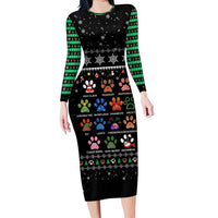Christmas Colorful Dog Pawprint Family Matching Long Sleeve Bodycon Dress and Hawaiian Shirt Black Snowflake Pattern Design - Wonder Print Shop