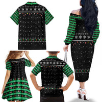 Christmas Colorful Dog Pawprint Family Matching Off The Shoulder Long Sleeve Dress and Hawaiian Shirt Black Snowflake Pattern Design - Wonder Print Shop