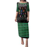 Christmas Colorful Dog Pawprint Family Matching Puletasi and Hawaiian Shirt Black Snowflake Pattern Design - Wonder Print Shop