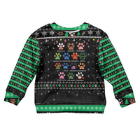 Christmas Colorful Dog Pawprint Kid Ugly Christmas Sweater Black Snowflake Pattern Design - Wonder Print Shop
