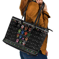 Christmas Colorful Dog Pawprint Leather Tote Bag Black Snowflake Pattern Design - Wonder Print Shop