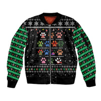 Christmas Colorful Dog Pawprint Sleeve Zip Bomber Jacket Black Snowflake Pattern Design - Wonder Print Shop