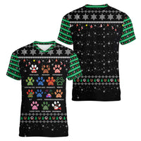 Christmas Colorful Dog Pawprint Women V-Neck T-Shirt Black Snowflake Pattern Design - Wonder Print Shop