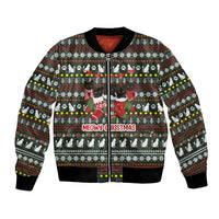 Black Cats in Stockings Bomber Jacket with Meowy Christmas Quote on Festive Pattern Design - Wonder Print Shop