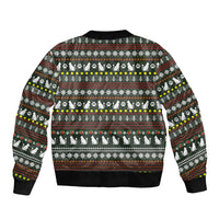 Black Cats in Stockings Bomber Jacket with Meowy Christmas Quote on Festive Pattern Design - Wonder Print Shop