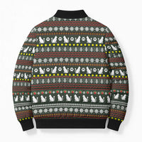 Black Cats in Stockings Bomber Puffer Jacket with Meowy Christmas Quote on Festive Pattern Design - Wonder Print Shop