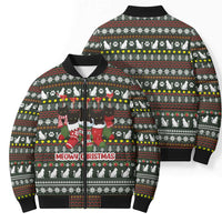 Black Cats in Stockings Bomber Puffer Jacket with Meowy Christmas Quote on Festive Pattern Design - Wonder Print Shop