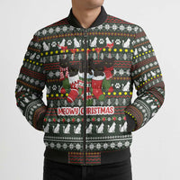 Black Cats in Stockings Bomber Puffer Jacket with Meowy Christmas Quote on Festive Pattern Design - Wonder Print Shop