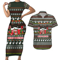 Black Cats in Stockings Couples Matching Short Sleeve Bodycon Dress and Hawaiian Shirt with Meowy Christmas Quote on Festive Pattern Design - Wonder Print Shop