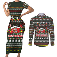 Black Cats in Stockings Couples Matching Short Sleeve Bodycon Dress and Long Sleeve Button Shirt with Meowy Christmas Quote on Festive Pattern Design - Wonder Print Shop
