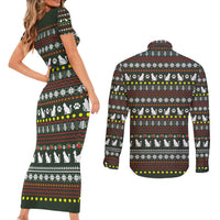 Black Cats in Stockings Couples Matching Short Sleeve Bodycon Dress and Long Sleeve Button Shirt with Meowy Christmas Quote on Festive Pattern Design - Wonder Print Shop