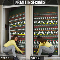 Black Cats in Stockings Door Cover with Meowy Christmas Quote on Festive Pattern Design - Wonder Print Shop