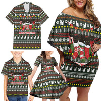 Black Cats in Stockings Family Matching Off Shoulder Short Dress and Hawaiian Shirt with Meowy Christmas Quote on Festive Pattern Design - Wonder Print Shop