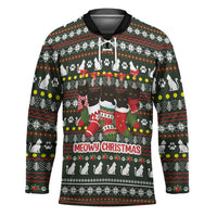 Black Cats in Stockings Hockey Jersey with Meowy Christmas Quote on Festive Pattern Design - Wonder Print Shop