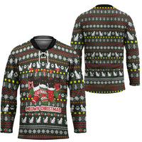 Black Cats in Stockings Hockey Jersey with Meowy Christmas Quote on Festive Pattern Design - Wonder Print Shop