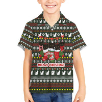 Black Cats in Stockings Kid Hawaiian Shirt with Meowy Christmas Quote on Festive Pattern Design - Wonder Print Shop