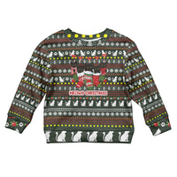 Black Cats in Stockings Kid Ugly Christmas Sweater with Meowy Christmas Quote on Festive Pattern Design - Wonder Print Shop