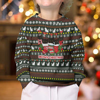 Black Cats in Stockings Kid Ugly Christmas Sweater with Meowy Christmas Quote on Festive Pattern Design - Wonder Print Shop
