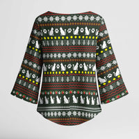 Black Cats in Stockings Kimono Sleeve Blouse with Meowy Christmas Quote on Festive Pattern Design - Wonder Print Shop