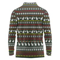 Black Cats in Stockings Long Sleeve Polo Shirt with Meowy Christmas Quote on Festive Pattern Design - Wonder Print Shop