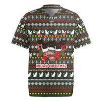 Black Cats in Stockings Rugby Jersey with Meowy Christmas Quote on Festive Pattern Design - Wonder Print Shop