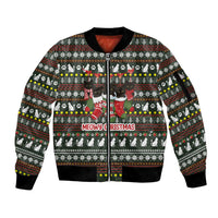 Black Cats in Stockings Sleeve Zip Bomber Jacket with Meowy Christmas Quote on Festive Pattern Design - Wonder Print Shop