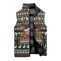 Black Cats in Stockings Sleeveless Puffer Jacket with Meowy Christmas Quote on Festive Pattern Design - Wonder Print Shop