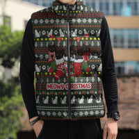Black Cats in Stockings Sleeveless Puffer Jacket with Meowy Christmas Quote on Festive Pattern Design - Wonder Print Shop