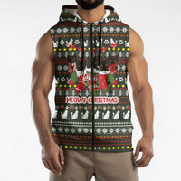 Black Cats in Stockings Sleeveless Zip Hoodie with Meowy Christmas Quote on Festive Pattern Design - Wonder Print Shop