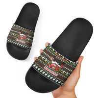 Black Cats in Stockings Slide Sandals with Meowy Christmas Quote on Festive Pattern Design - Wonder Print Shop