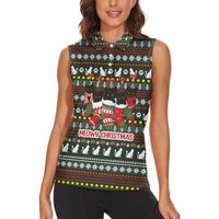 Black Cats in Stockings Women Sleeveless Polo Shirt with Meowy Christmas Quote on Festive Pattern Design - Wonder Print Shop