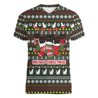 Black Cats in Stockings Women V-Neck T-Shirt with Meowy Christmas Quote on Festive Pattern Design - Wonder Print Shop