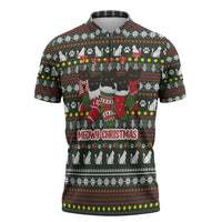 Black Cats in Stockings Zipper Polo Shirt with Meowy Christmas Quote on Festive Pattern Design - Wonder Print Shop