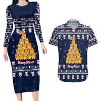 Meowy Catmas Couples Matching Long Sleeve Bodycon Dress and Hawaiian Shirt with Orange Cats Christmas Tree and Snowflake Pattern Design - Wonder Print Shop