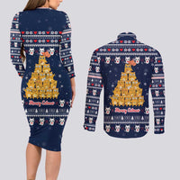 Meowy Catmas Couples Matching Long Sleeve Bodycon Dress and Long Sleeve Button Shirt with Orange Cats Christmas Tree and Snowflake Pattern Design - Wonder Print Shop