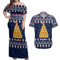 Meowy Catmas Couples Matching Off Shoulder Maxi Dress and Hawaiian Shirt with Orange Cats Christmas Tree and Snowflake Pattern Design - Wonder Print Shop