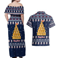 Meowy Catmas Couples Matching Off Shoulder Maxi Dress and Hawaiian Shirt with Orange Cats Christmas Tree and Snowflake Pattern Design - Wonder Print Shop