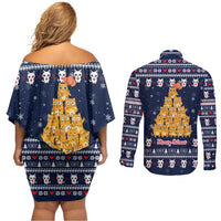 Meowy Catmas Couples Matching Off Shoulder Short Dress and Long Sleeve Button Shirt with Orange Cats Christmas Tree and Snowflake Pattern Design - Wonder Print Shop