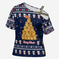 Meowy Catmas Cross Shoulder Shirt with Orange Cats Christmas Tree and Snowflake Pattern Design - Wonder Print Shop