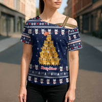 Meowy Catmas Cross Shoulder Shirt with Orange Cats Christmas Tree and Snowflake Pattern Design - Wonder Print Shop