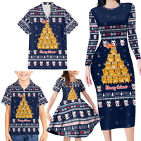 Meowy Catmas Family Matching Long Sleeve Bodycon Dress and Hawaiian Shirt with Orange Cats Christmas Tree and Snowflake Pattern Design - Wonder Print Shop