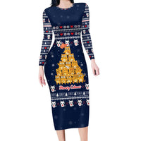 Meowy Catmas Family Matching Long Sleeve Bodycon Dress and Hawaiian Shirt with Orange Cats Christmas Tree and Snowflake Pattern Design - Wonder Print Shop