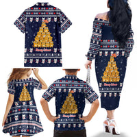 Meowy Catmas Family Matching Off The Shoulder Long Sleeve Dress and Hawaiian Shirt with Orange Cats Christmas Tree and Snowflake Pattern Design - Wonder Print Shop