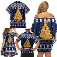 Meowy Catmas Family Matching Off Shoulder Short Dress and Hawaiian Shirt with Orange Cats Christmas Tree and Snowflake Pattern Design - Wonder Print Shop