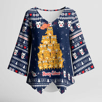 Meowy Catmas Kimono Sleeve Blouse with Orange Cats Christmas Tree and Snowflake Pattern Design - Wonder Print Shop