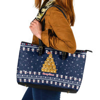Meowy Catmas Leather Tote Bag with Orange Cats Christmas Tree and Snowflake Pattern Design - Wonder Print Shop